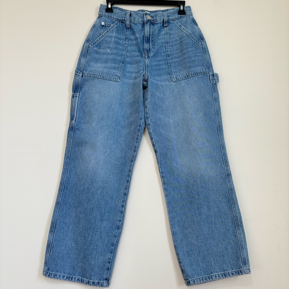 Forever 21 Women's 27 Medium Wash Denim Blue High Rise Wide Leg Cargo Jeans